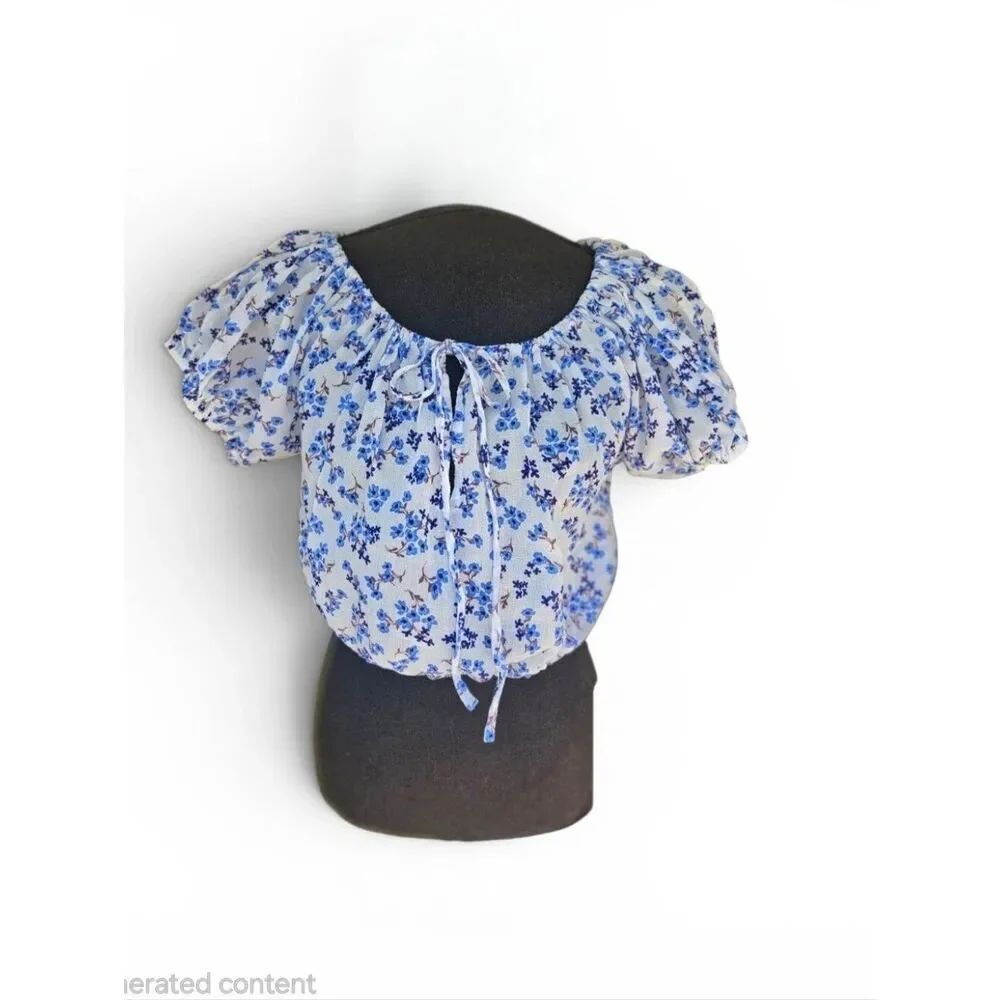Sundry Floral Peasant Blouse Size 1 Small Blue Puff Sleeve Cottagecore Top